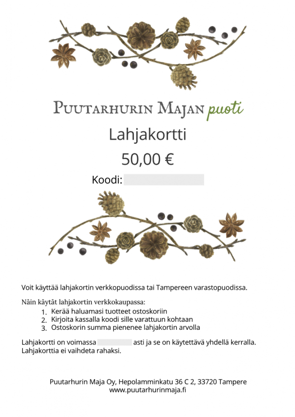 Zpoistunut Lahjakortti, postitse toimitettu, k?vyt