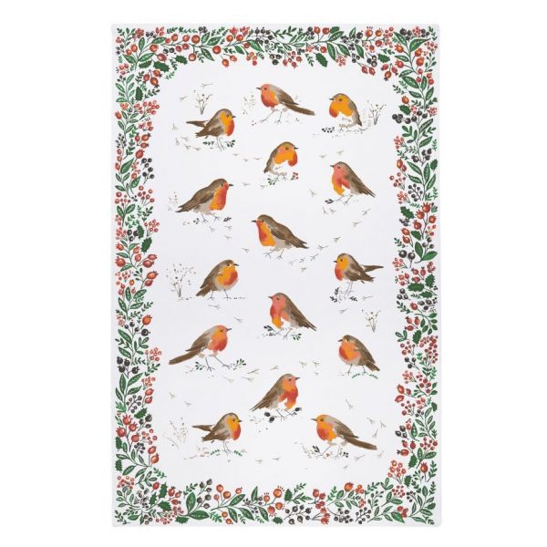 Keittiöpyyhe Punarinnat marjareunus- Robins & Berry Border, Ulster Weavers