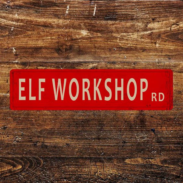 Peltikyltti Elf Workshop Road 30x7,5 cm