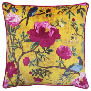 Tyynynpäällinen Chinoiserie pinkit kukat keltaisella pohjalla 50 x 50 cm