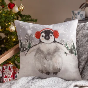 Pingviini punaiset korvaläpät päässä tyynynpäällinen 43 x 43 cm